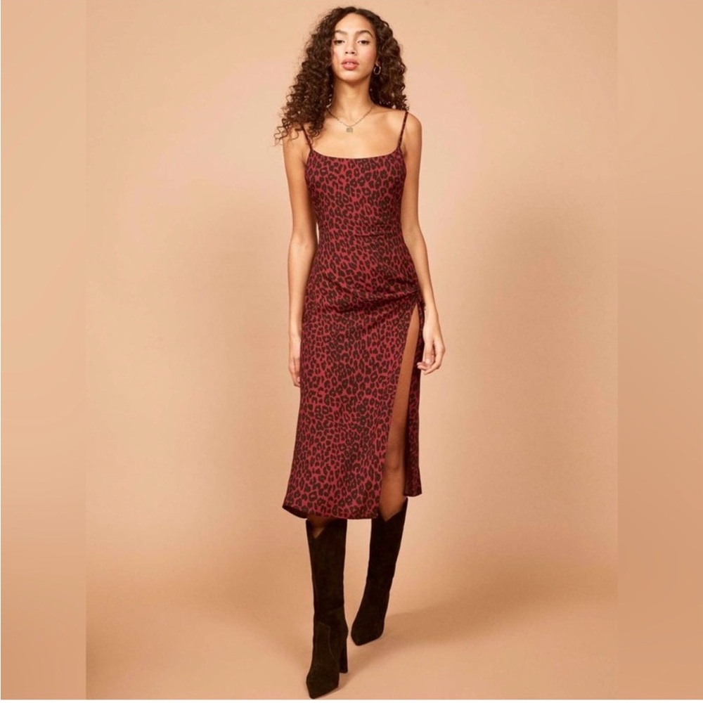 Reformation Red and Black Leopard Slip Midi Dress